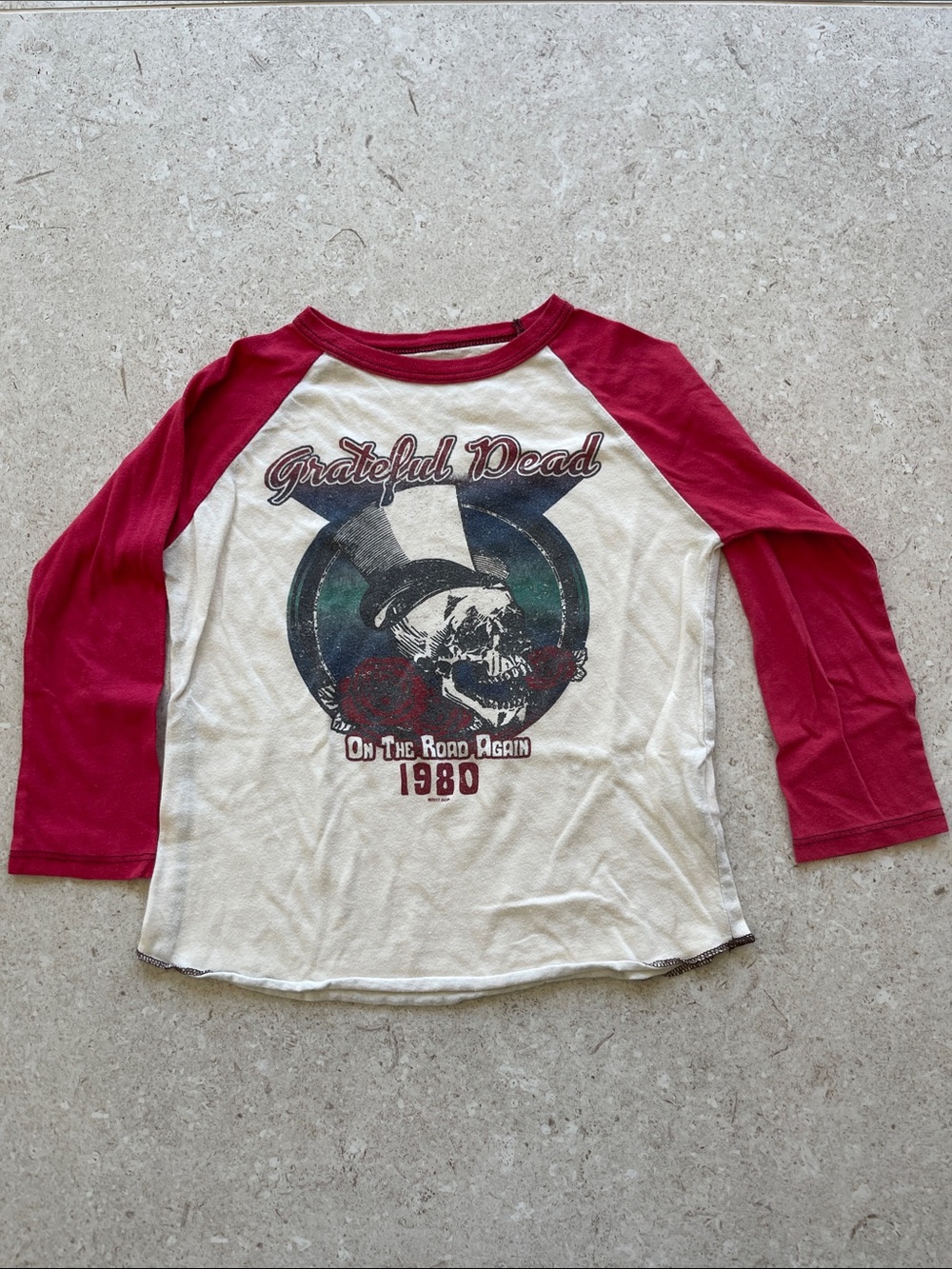 Rowdy Sprout Red & Cream Raglan Graphic Tee. Flaws noted